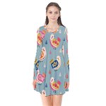 Cute Bird Pattern Long Sleeve V-neck Flare Dress