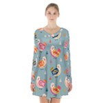 Cute Bird Pattern Long Sleeve Velvet V-neck Dress