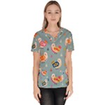 Cute Bird Pattern Women s V-Neck Scrub Top