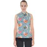 Cute Bird Pattern Mock Neck Shell Top