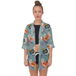 Cute Bird Pattern Open Front Chiffon Kimono