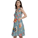 Cute Bird Pattern Sleeveless V-Neck Skater Dress with Pockets