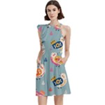 Cute Bird Pattern Cocktail Party Halter Sleeveless Dress With Pockets