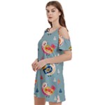 Cute Bird Pattern Women s Cold Shoulder Round Neck Mini Dress