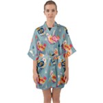 Cute Bird Pattern Half Sleeve Satin Kimono 