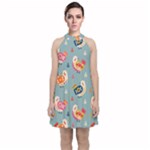 Cute Bird Pattern Velvet Halter Neckline Dress 