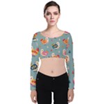 Cute Bird Pattern Velvet Long Sleeve Crop Top