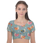 Cute Bird Pattern Velvet Short Sleeve Crop Top 