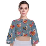 Cute Bird Pattern Tie Back Butterfly Sleeve Chiffon Top