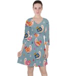 Cute Bird Pattern Quarter Sleeve Ruffle Waist Dress