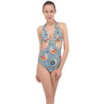 Cute Bird Pattern Halter Front Plunge Swimsuit