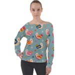 Cute Bird Pattern Off Shoulder Long Sleeve Velour Top