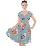 Cute Bird Pattern Cap Sleeve Midi Dress