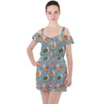 Cute Bird Pattern Ruffle Cut Out Chiffon Playsuit