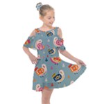 Cute Bird Pattern Kids  Shoulder Cutout Chiffon Dress