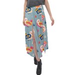 Cute Bird Pattern Velour Split Maxi Skirt