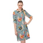 Cute Bird Pattern Long Sleeve Mini Shirt Dress