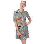 Cute Bird Pattern Belted Shirt Dress