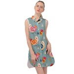 Cute Bird Pattern Sleeveless Shirt Dress