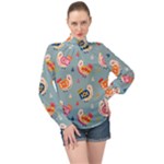 Cute Bird Pattern High Neck Long Sleeve Chiffon Top