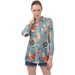 Cute Bird Pattern Long Sleeve Satin Shirt