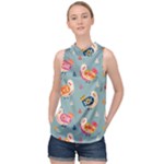 Cute Bird Pattern High Neck Satin Top