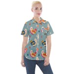 Cute Bird Pattern Women s Short Sleeve Pocket Shirt