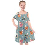 Cute Bird Pattern Kids  Cut Out Shoulders Chiffon Dress