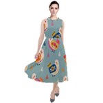 Cute Bird Pattern Round Neck Boho Dress