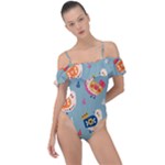 Cute Bird Pattern Frill Detail One Piece Swimsuit