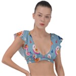 Cute Bird Pattern Plunge Frill Sleeve Bikini Top