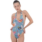 Cute Bird Pattern Backless Halter One Piece Swimsuit