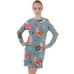 Cute Bird Pattern Long Sleeve Hoodie Dress