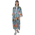 Cute Bird Pattern Maxi Satin Kimono