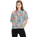 Cute Bird Pattern One Shoulder Cut Out T-Shirt