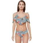 Cute Bird Pattern Ruffle Edge Tie Up Bikini Set	