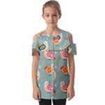 Cute Bird Pattern Fold Over Open Sleeve Top