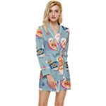 Cute Bird Pattern Long Sleeve Satin Robe