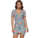 Cute Bird Pattern Low Cut Cap Sleeve Mini Dress