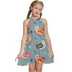 Cute Bird Pattern Kids  Halter Collar Waist Tie Chiffon Dress