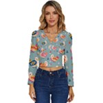 Cute Bird Pattern Long Sleeve V-Neck Top