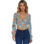 Cute Bird Pattern Long Sleeve Deep-V Velour Top