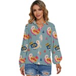 Cute Bird Pattern Women s Long Sleeve Button Up Shirt