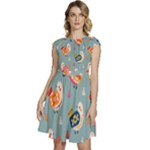 Cute Bird Pattern Cap Sleeve High Waist Dress