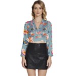 Cute Bird Pattern Long Sleeve Tie Back Satin Wrap Top