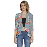 Cute Bird Pattern Women s 3/4 Sleeve Ruffle Edge Open Front Jacket