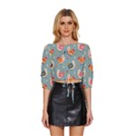 Cute Bird Pattern Mid Sleeve Drawstring Hem Top