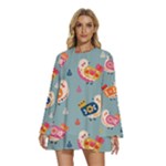 Cute Bird Pattern Round Neck Long Sleeve Bohemian Style Chiffon Mini Dress