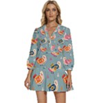 Cute Bird Pattern V-Neck Placket Mini Dress