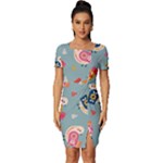 Cute Bird Pattern Fitted Knot Split End Bodycon Dress